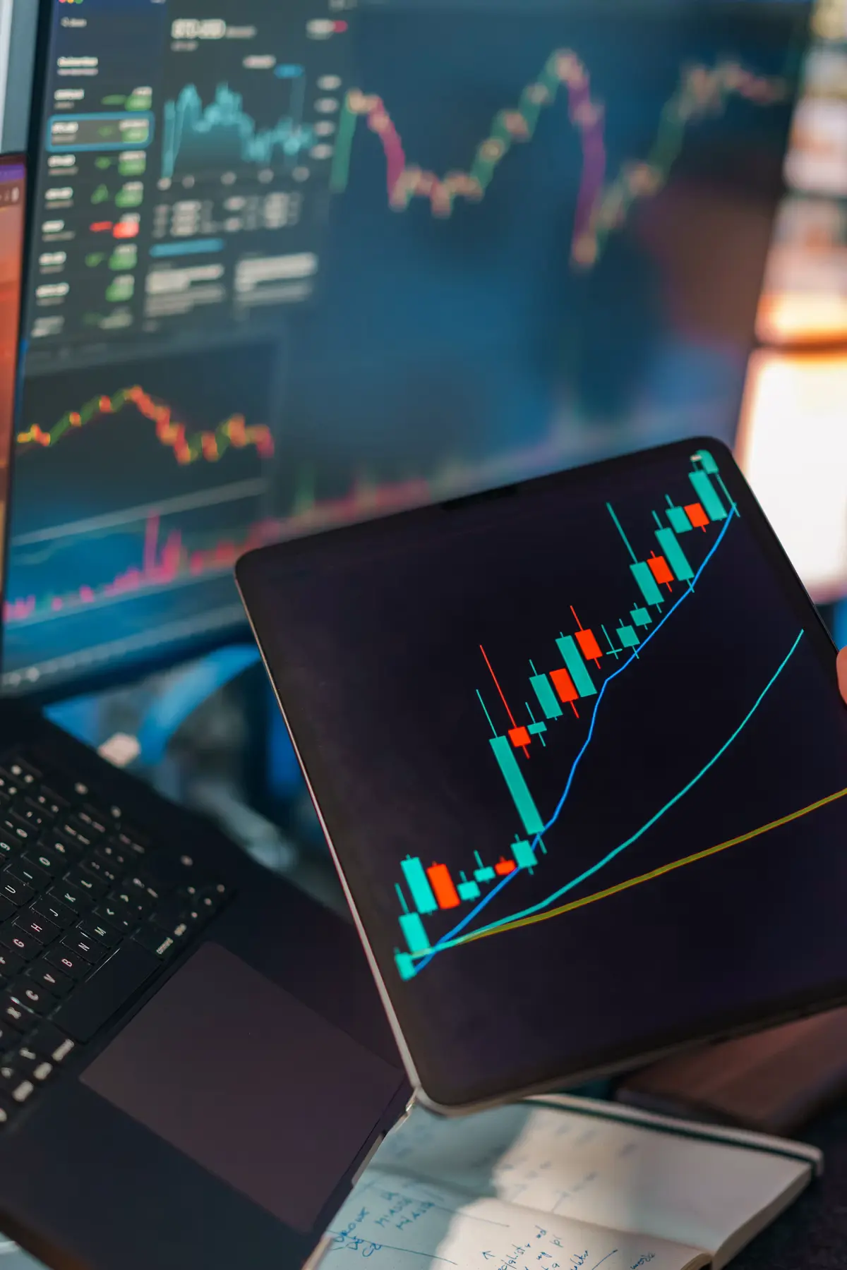 Trading charts and analytics displayed across multiple screens